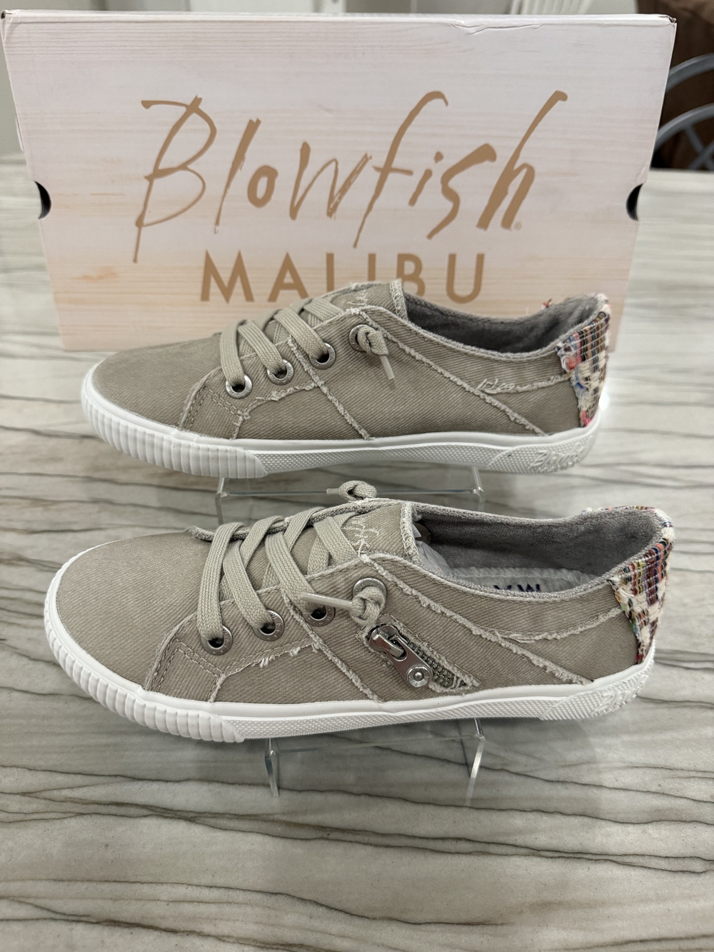 Blowfish Malibu Taupe Canvas Sneakers with Patterned Heel- Size 6